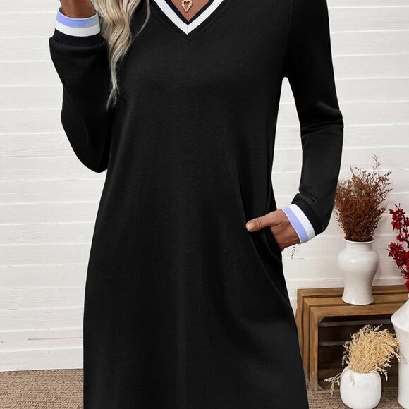 Women's Fall V Neck Long Sleeve Casual T Shirt Dress with Pockets - Picture 2 of 5